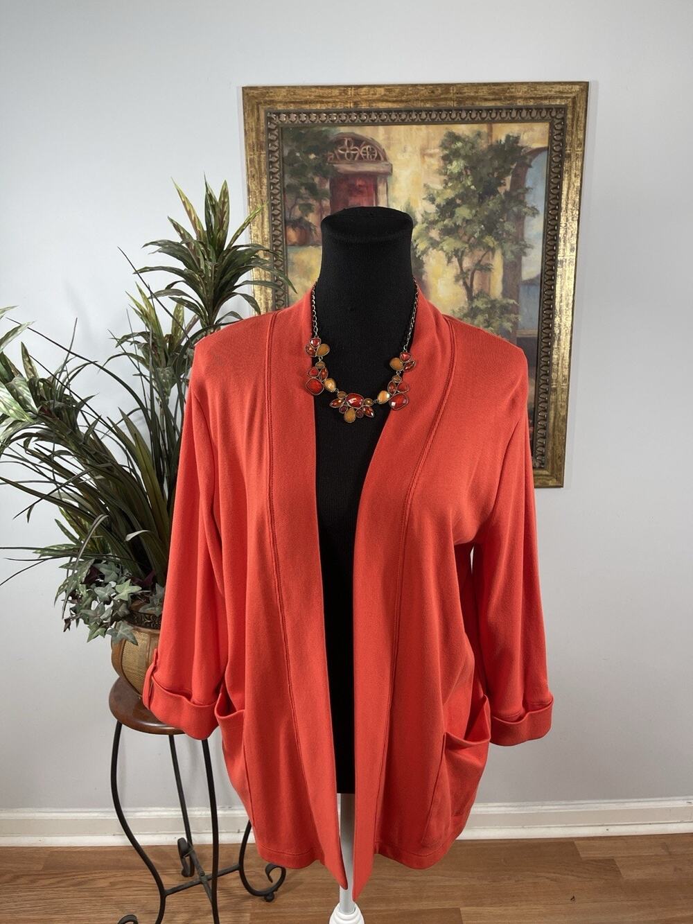 Rafaellaβ Women's Medium Orange Open Front Cardigan Sweater Pockets 100% Cotton